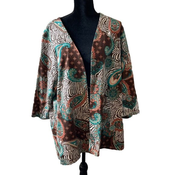 D & Co Denim Company 3X Knit Open Front Cardigan Paisley Animal Print Retro - Picture 1 of 7